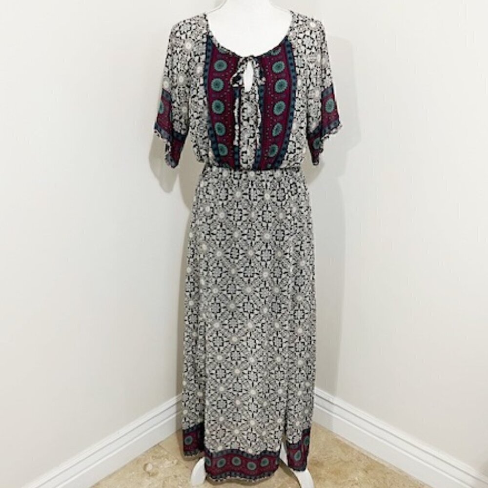 Tua Fashion Maxi Dress Floral Tie Neckline Front Slits
